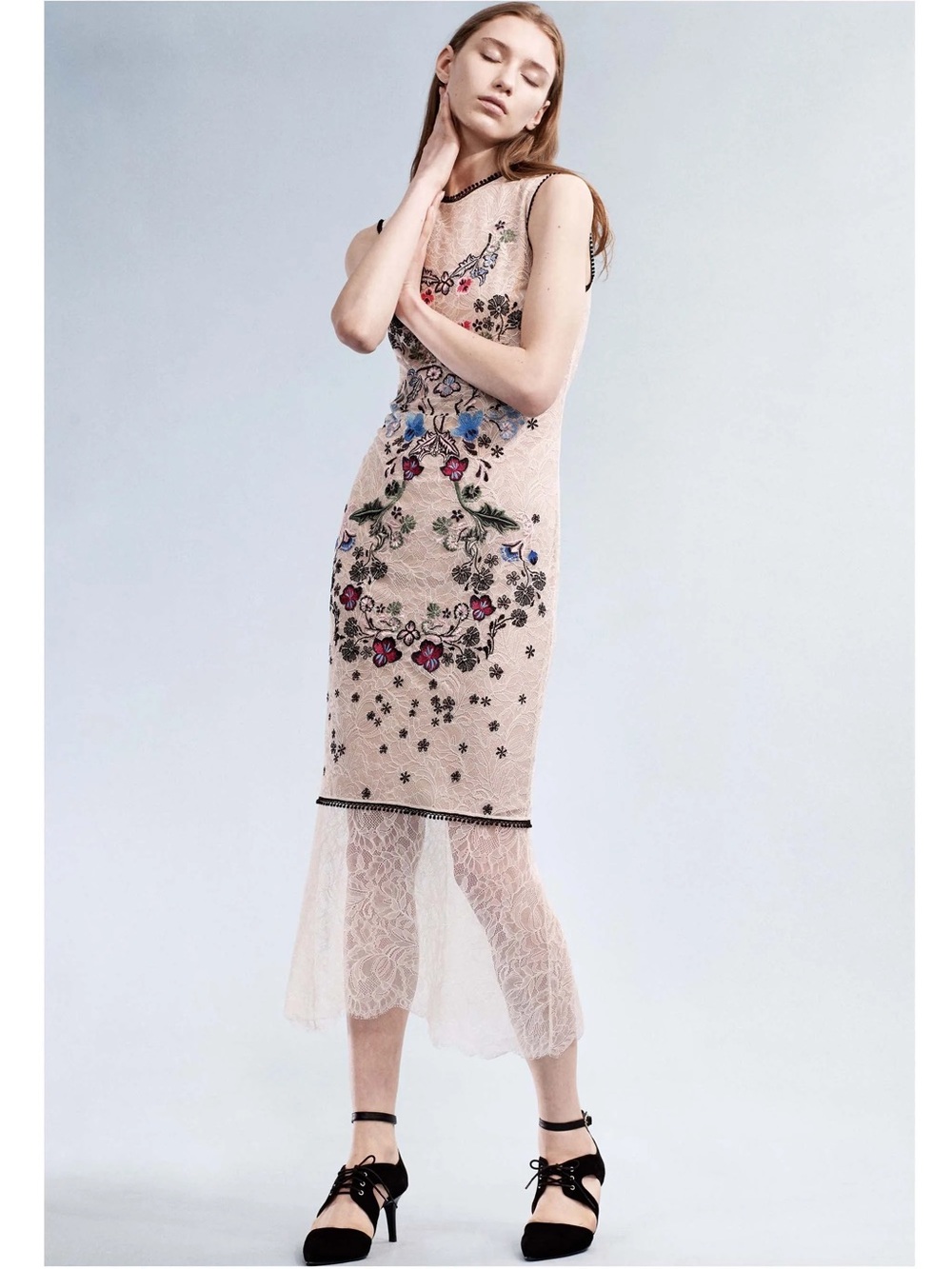 Yigal Azrouel Blush Embroidered Lace Midi Dress with Floral Appliqué